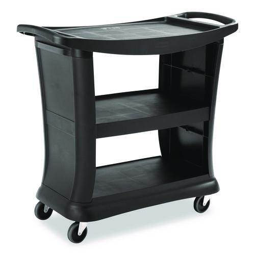 Image of Rubbermaid® Commercial FG9T6800BLA Executive Service Cart, Plastic, 3 Shelves, 300 lb Capacity, 20.33" x 38.9" x 38.9", Black