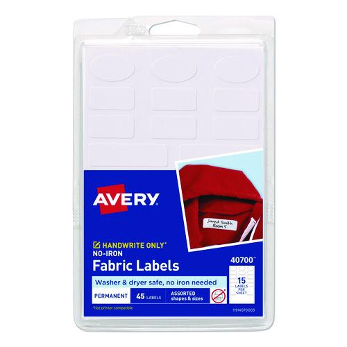 Image of Avery® 40700 Avery Kids No-Iron Fabric Labels, Handwrite Only, Assorted Shapes and Sizes, White, 15 Labels/Sheet, 3 Sheets/Pack