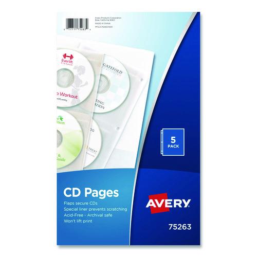 Image of Avery® 75263 Two-Sided CD Organizer Sheets for Three-Ring Binder, 4 Disc Capacity, Clear, 5/Pack