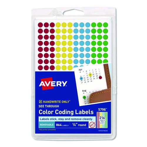 Image of Avery® 05796 Handwrite-Only Self-Adhesive "See Through" Removable Round Color Dots, 0.25" dia, Assorted, 216/Sheet, 4 Sheets/Pack, (5796)