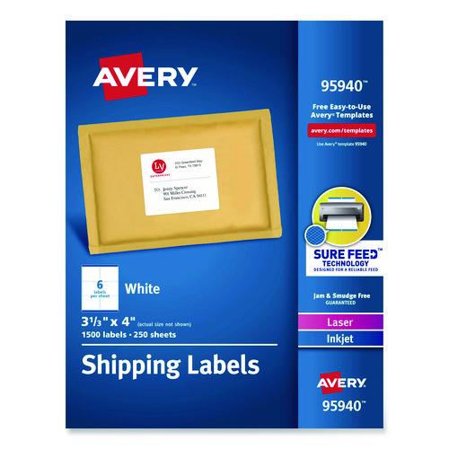 Image of Avery® 95940 White Shipping Labels-Bulk Packs, Inkjet/laser Printers, 3.33 X 4, White, 6/sheet, 250 Sheets/box