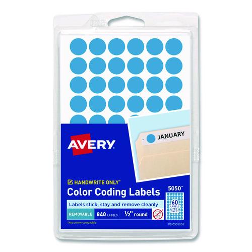 Image of Avery® 05050 Handwrite Only Self-Adhesive Removable Round Color-Coding Labels, 0.5" dia, Light Blue, 60/Sheet, 14 Sheets/Pack, (5050)