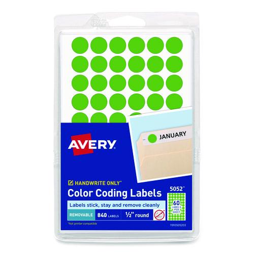 Image of Avery® 05052 Handwrite Only Self-Adhesive Removable Round Color-Coding Labels, 0.5" dia, Neon Green, 60/Sheet, 14 Sheets/Pack, (5052)