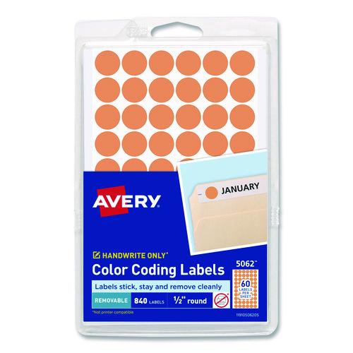 Image of Avery® 05062 Handwrite Only Self-Adhesive Removable Round Color-Coding Labels, 0.5" dia, Neon Orange, 60/Sheet, 14 Sheets/Pack, (5062)