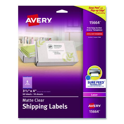 Image of Avery® 15664 Matte Clear Easy Peel Mailing Labels W/ Sure Feed Technology, Laser Printers, 3.33 X 4, Clear, 6/sheet, 10 Sheets/pack