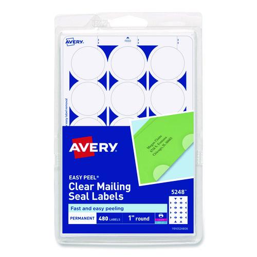Image of Avery® 05248 Printable Mailing Seals, 1" dia, Clear, 15/Sheet, 32 Sheets/Pack, (5248)
