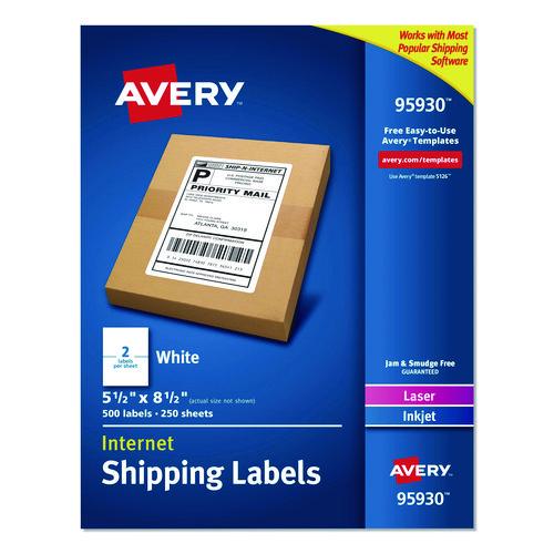 Image of Avery® 95930 White Shipping Labels-Bulk Packs, Inkjet/laser Printers, 5.5 X 8.5, White, 2/sheet, 250 Sheets/box