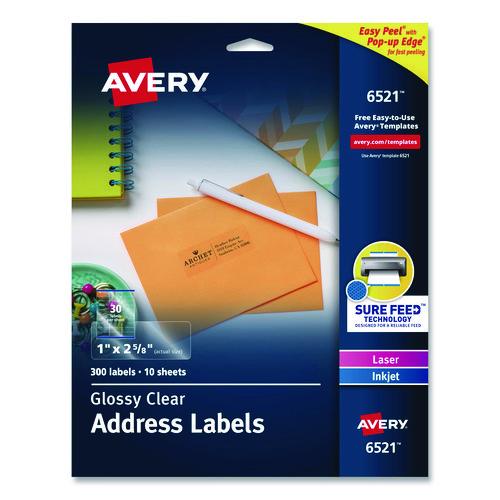 Image of Avery® 06521 Glossy Clear Easy Peel Mailing Labels W/ Sure Feed Technology, Inkjet/laser Printers, 1 X 2.63, 30/sheet, 10 Sheets/pack