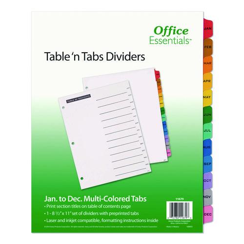 Image of Office Essentials Table 'n Tabs Dividers, 12-Tab, Jan. to Dec., 11 x 8.5, White, Assorted Tabs, 1 Set