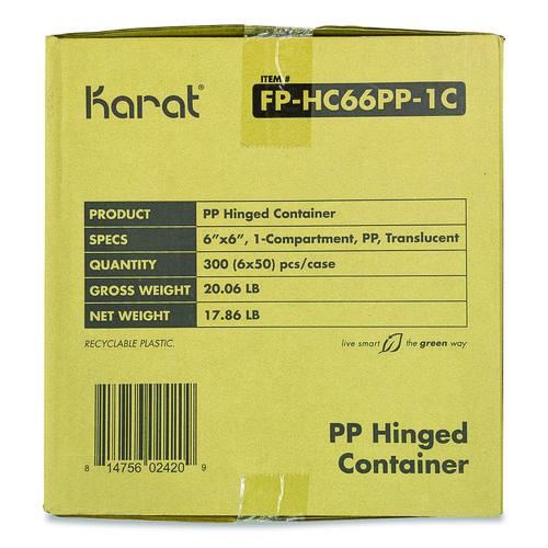 Image of Karat® FP-HC66PP-1C Polypropylene Plastic Hinged Container, 6 x 6 x 3.3, Clear, Plastic, 50/Pack, 6 Packs/Carton