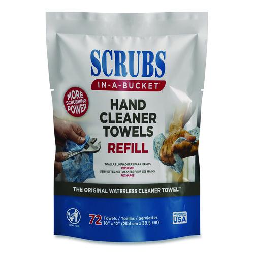 Image of SCRUBS® 42270 Hand Cleaner Towels, SCRUBS in-a-Bucket Refill, 1-Ply, 10 x 12, Citrus, Blue/White, 72/Pack, 6 Packs/Carton
