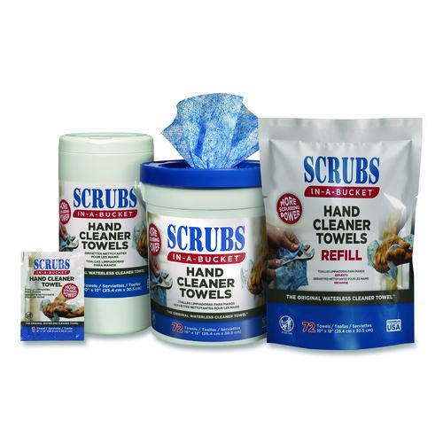 Image of SCRUBS® 42270 Hand Cleaner Towels, SCRUBS in-a-Bucket Refill, 1-Ply, 10 x 12, Citrus, Blue/White, 72/Pack, 6 Packs/Carton