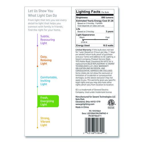 Image of GE 93131064 Classic LED SW Non-Dim A19 Light Bulb, 10.5 W, Soft White, 4/Pack