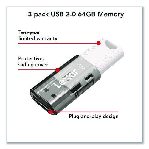 Image of Lexar JumpDrive S60 USB 2.0 Flash Drive, 64 GB, Gray/White, 3/Pack