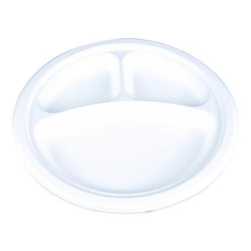 Image of SCT® 18163WPF ChampWare Molded Fiber Tableware, 3-Compartment Plate, 10" dia, White, 125/Sleeve, 4 Sleeves/Carton