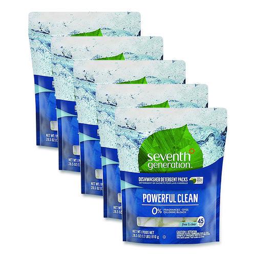 Image of Seventh Generation® 10732913451804 Natural Automatic Dishwasher Detergent Packs, Free and Clear, 45 Powder Packets/Box, 5 Boxes/Carton