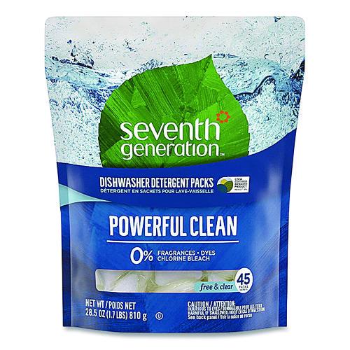 Image of Seventh Generation® 10732913451804 Natural Automatic Dishwasher Detergent Packs, Free and Clear, 45 Powder Packets/Box, 5 Boxes/Carton