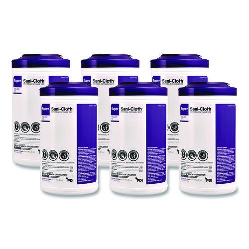 Image of PDI® P86984CT Super Sani-Cloth Disinfecting Wipes, 15 x 7.5, Unscented, White, 75 Wipes/Canister, 6/Carton