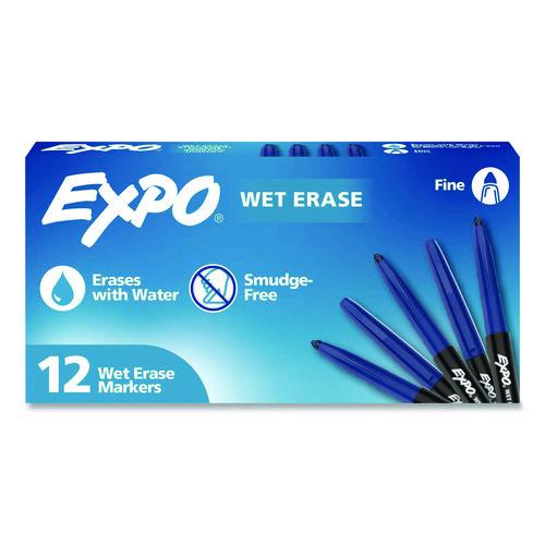 Image of EXPO® 2211319 Wet Erase Markers, Fine Needle Tip, Blue, 12/Pack