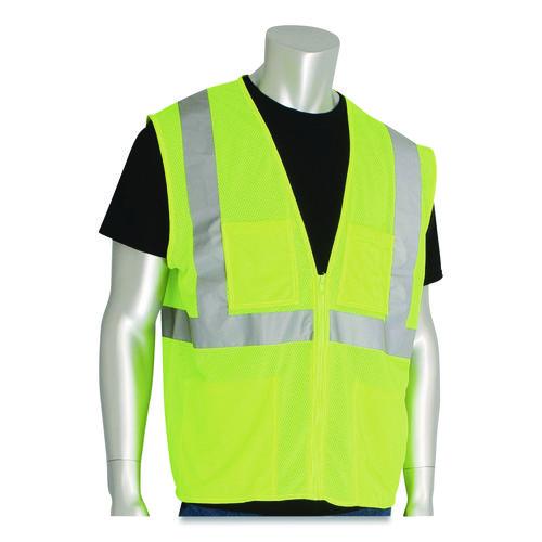 Image of PIP 302-MVGZ4PLY-2X ANSI Class 2 Four Pocket Zipper Safety Vest, Polyester Mesh, 2X-Large, Hi-Viz Lime Yellow