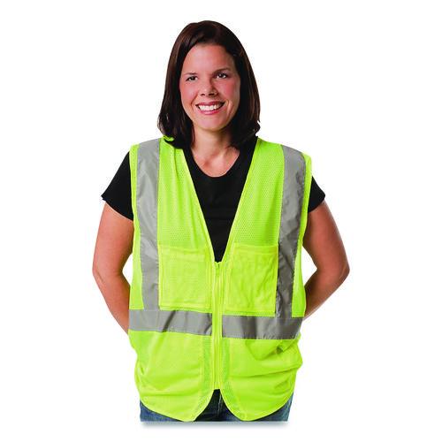Image of PIP 302-0702Z-LY/L ANSI Class 2 Two-Pocket Zipper Mesh Safety Vest, Large, Hi-Viz Lime Yellow