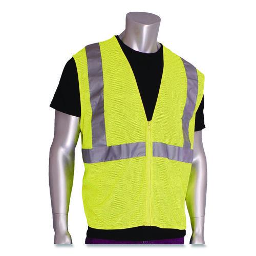 Image of PIP 302-0702Z-LY/L ANSI Class 2 Two-Pocket Zipper Mesh Safety Vest, Large, Hi-Viz Lime Yellow