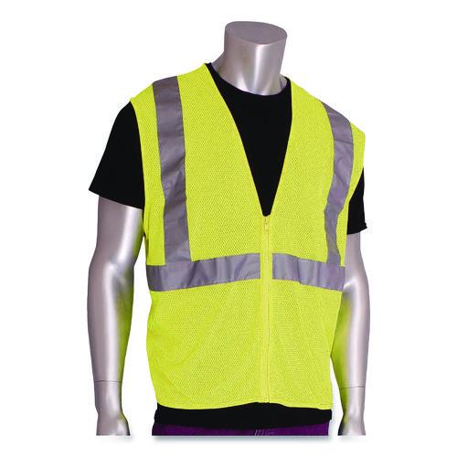Image of PIP 302-0702Z-LY/XL ANSI Class 2 Two-Pocket Zipper Mesh Safety Vest, X-Large, Hi-Viz Lime Yellow