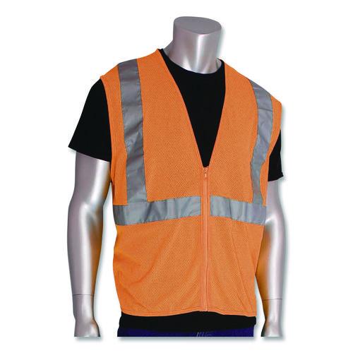 Image of PIP ANSI Class 2 Two-Pocket Zipper Mesh Safety Vest, Polyester Mesh, X-Large, Orange