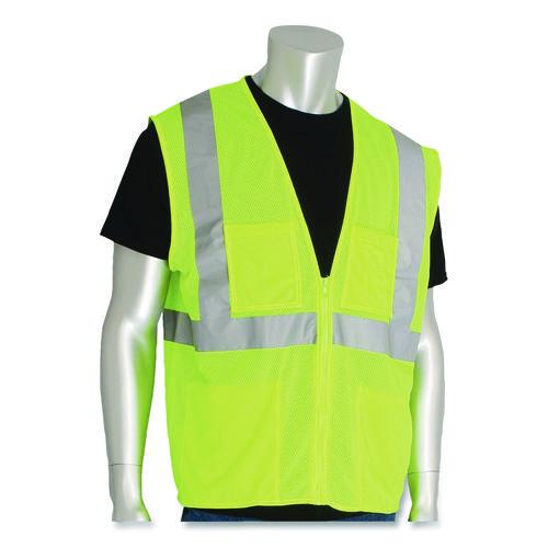 Image of PIP 302-MVGZ4PLY-XL ANSI Class 2 Four Pocket Zipper Safety Vest, Polyester Mesh, X-Large, Hi-Viz Lime Yellow