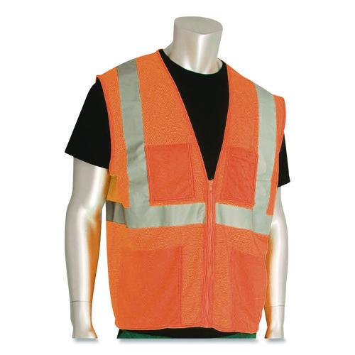 Image of PIP 302-MVGZ4POR-L ANSI Class 2 Four Pocket Zipper Safety Vest, Polyester Mesh, Large, Hi-Viz Orange