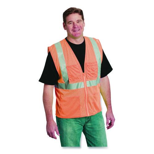 Image of PIP 302-MVGZ4POR-L ANSI Class 2 Four Pocket Zipper Safety Vest, Polyester Mesh, Large, Hi-Viz Orange
