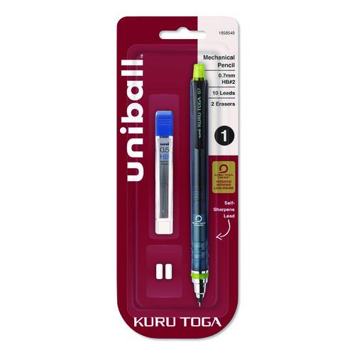 Image of uniball® 1858549 KuruToga Mechanical Pencil with Tube of Diamond Lead, 0.7 mm, HB (#2), Black Lead, Black/Green Barrel
