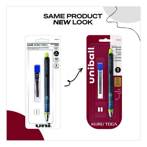 Image of uniball® 1858549 KuruToga Mechanical Pencil with Tube of Diamond Lead, 0.7 mm, HB (#2), Black Lead, Black/Green Barrel