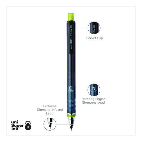 Image of uniball® 1858549 KuruToga Mechanical Pencil with Tube of Diamond Lead, 0.7 mm, HB (#2), Black Lead, Black/Green Barrel