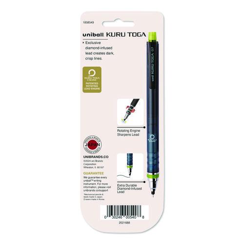Image of uniball® 1858549 KuruToga Mechanical Pencil with Tube of Diamond Lead, 0.7 mm, HB (#2), Black Lead, Black/Green Barrel