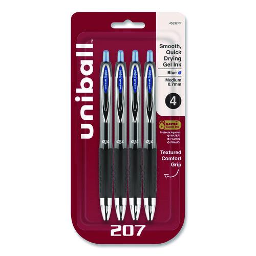 Image of uniball® 45532PP Signo 207 Gel Pen, Retractable, Medium 0.7 mm, Blue Ink, Smoke/Black/Blue Barrel, 4/Pack