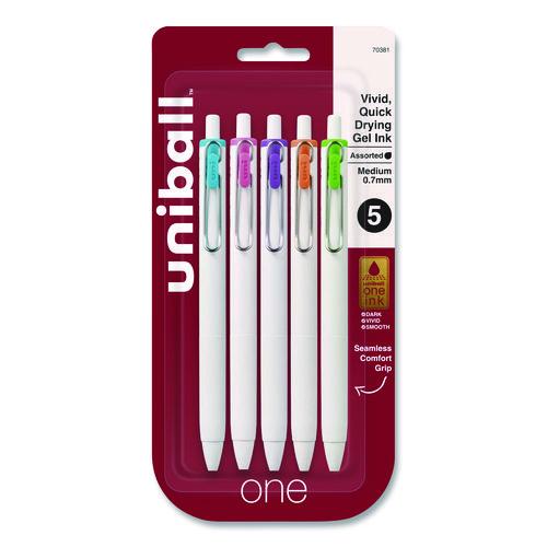 Image of uniball® 70381 uniONE Gel Pen, Retractable, Medium 0.7 mm, Assorted Fashion Ink and Barrel Colors, 5/Pack