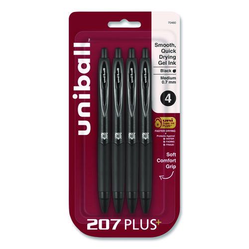 Image of uniball® 70460 207 Plus+ Gel Pen, Retractable, Medium 0.7 mm, Black Ink, Black Barrel, 4/Pack