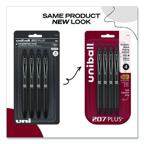 Image of uniball® 70460 207 Plus+ Gel Pen, Retractable, Medium 0.7 mm, Black Ink, Black Barrel, 4/Pack