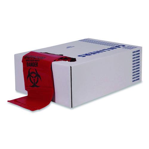 Image of Heritage A6043ZR Healthcare Biohazard Printed Low-Density Can Liners, Infectious Waste, 30 gal, 3 mil, 30" x 43", Red, 100/Carton
