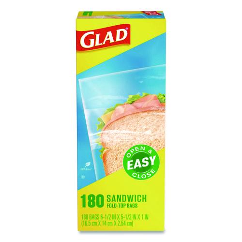 Image of Glad® 60771 Fold Top Food Storage Plastic Sandwich Bags, 6.5 x 5.5, Clear, 180 Bags/Box, 12 Boxes/Carton
