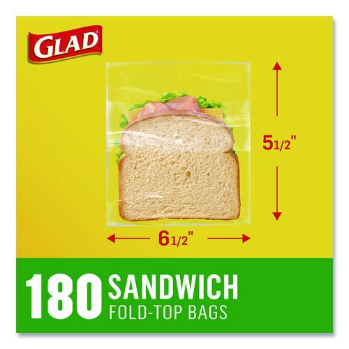 Image of Glad® 60771 Fold Top Food Storage Plastic Sandwich Bags, 6.5 x 5.5, Clear, 180 Bags/Box, 12 Boxes/Carton