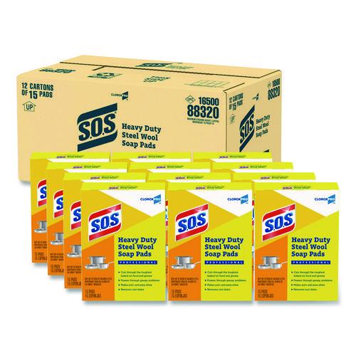 Image of S.O.S.® 88320 Steel Wool Soap Pads, 2.4 x 3, Steel, 15 Pads/Box, 12 Boxes/Carton
