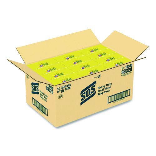 Image of S.O.S.® 88320 Steel Wool Soap Pads, 2.4 x 3, Steel, 15 Pads/Box, 12 Boxes/Carton