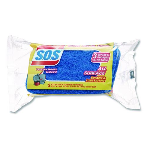 Image of S.O.S.® COX91028CT All Surface Scrubber Sponge, 2.5 x 4.5, 0.9" Thick, Dark Blue/Light Blue, 3/Pack, 8 Packs/Carton