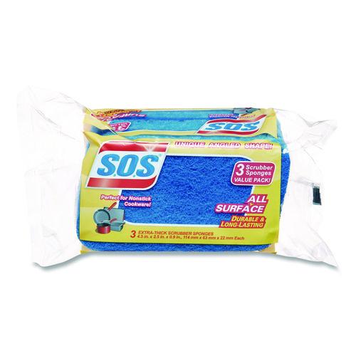 Image of S.O.S.® COX91028CT All Surface Scrubber Sponge, 2.5 x 4.5, 0.9" Thick, Dark Blue/Light Blue, 3/Pack, 8 Packs/Carton