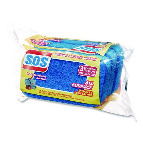 Image of S.O.S.® COX91028CT All Surface Scrubber Sponge, 2.5 x 4.5, 0.9" Thick, Dark Blue/Light Blue, 3/Pack, 8 Packs/Carton