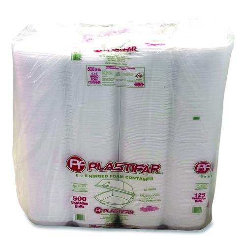 Image of Plastifar 12175 Foam Hinged Lid Containers, 6 x 6 x 3, White, Foam, 500/Carton