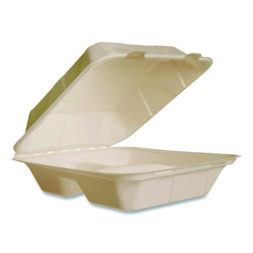Image of Vegware VW-HC83NFA Nourish Molded Fiber Takeout Containers, Compostable, 3 Compartments, 7.9 x 7.9 x 2.9, White, Sugarcane, 200/Carton