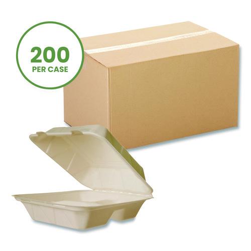 Image of Vegware VW-HC83NFA Nourish Molded Fiber Takeout Containers, Compostable, 3 Compartments, 7.9 x 7.9 x 2.9, White, Sugarcane, 200/Carton